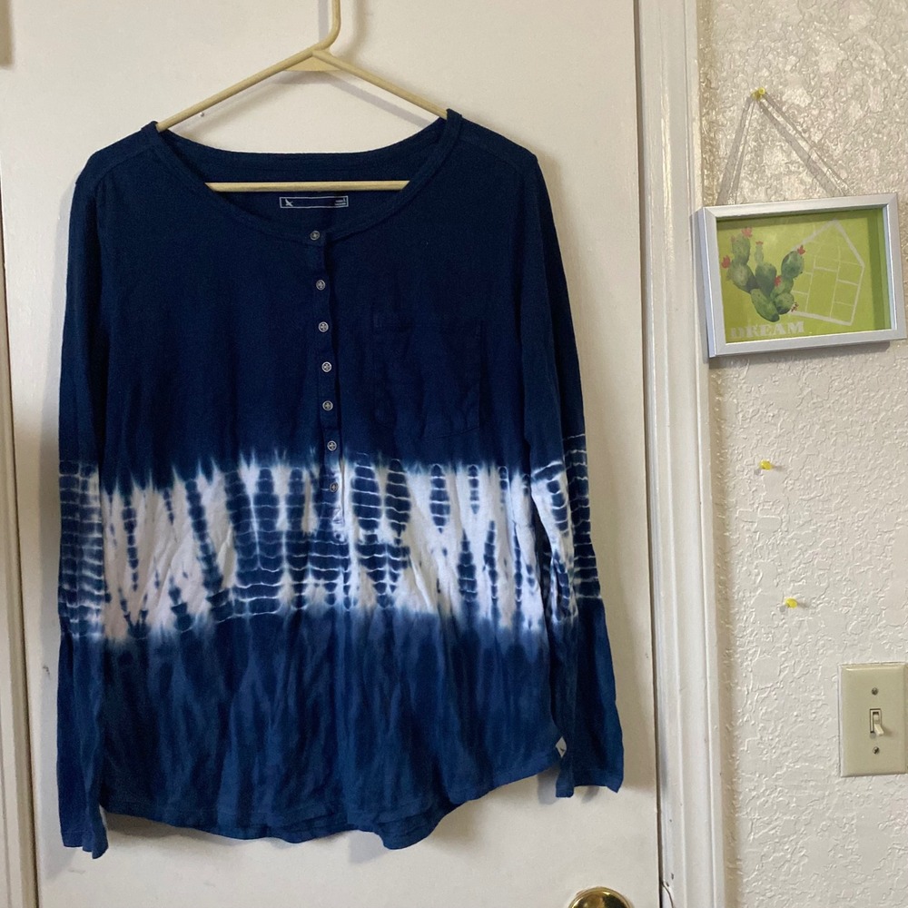 Eddie Bauer Womens‎ Tie Dye Long Sleeve Henley Shirt Top large navy white boho
